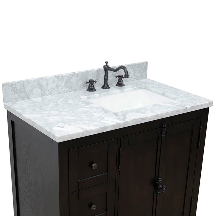 Bellaterra Plantation 37" Single Vanity, Brown Ash, White Carrara Top/Rectangle Sink, Right Doors/Right Sink