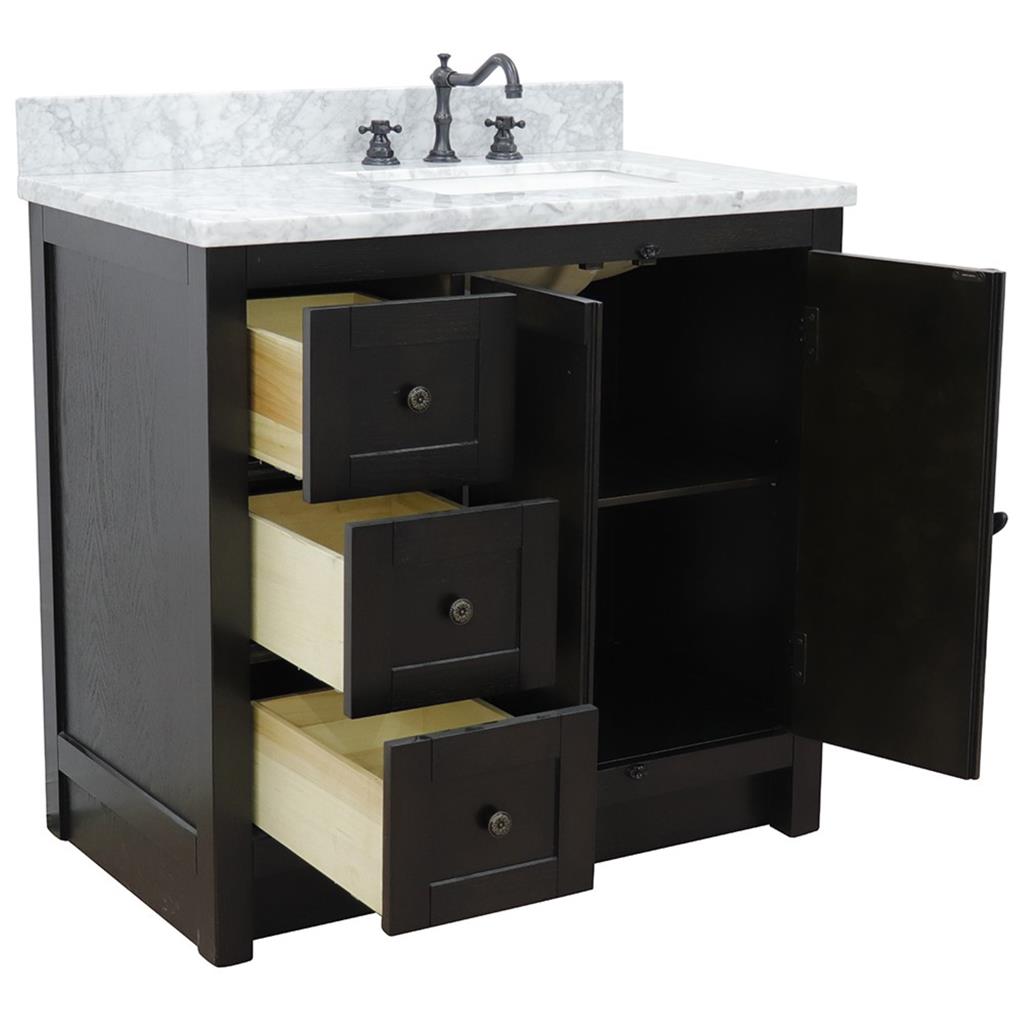 Bellaterra Plantation 37" Single Vanity, Brown Ash, White Carrara Top/Rectangle Sink, Right Doors/Right Sink