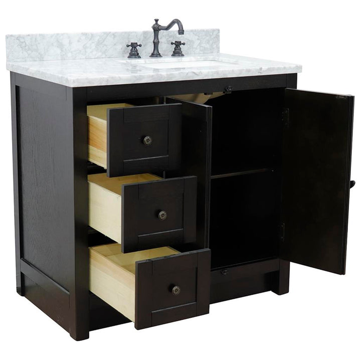 Bellaterra Plantation 37" Single Vanity, Brown Ash, White Carrara Top/Rectangle Sink, Right Doors/Right Sink