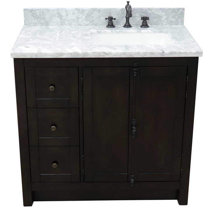 Bellaterra Plantation 37" Single Vanity, Brown Ash, White Carrara Top/Rectangle Sink, Right Doors/Right Sink