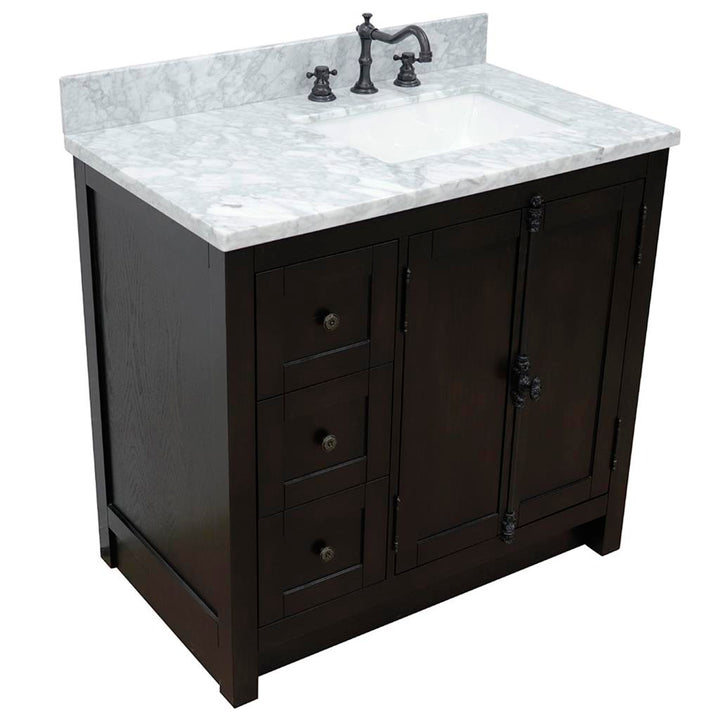 Bellaterra Plantation 37" Single Vanity, Brown Ash, White Carrara Top/Rectangle Sink, Right Doors/Right Sink