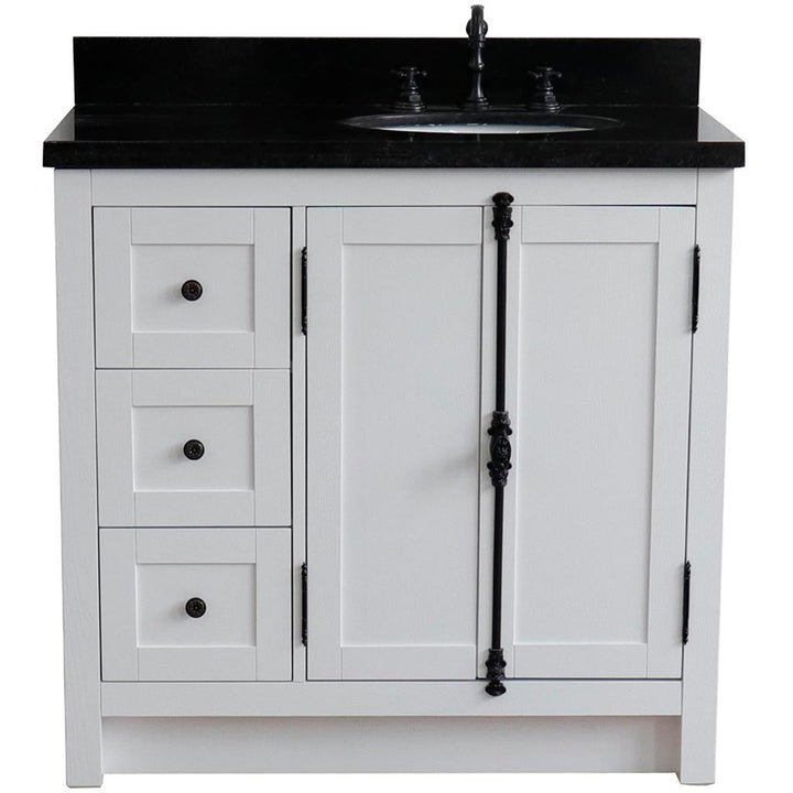 Bellaterra Plantation 37" Single Vanity, Glacier Ash, Black Galaxy Granite Top/Oval Sink, Right Doors/Right Sink