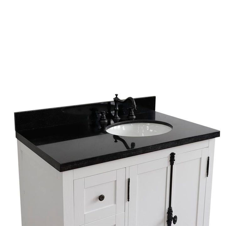 Bellaterra Plantation 37" Single Vanity, Glacier Ash, Black Galaxy Granite Top/Oval Sink, Right Doors/Right Sink