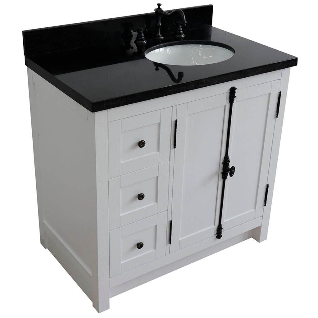 Bellaterra Plantation 37" Single Vanity, Glacier Ash, Black Galaxy Granite Top/Oval Sink, Right Doors/Right Sink