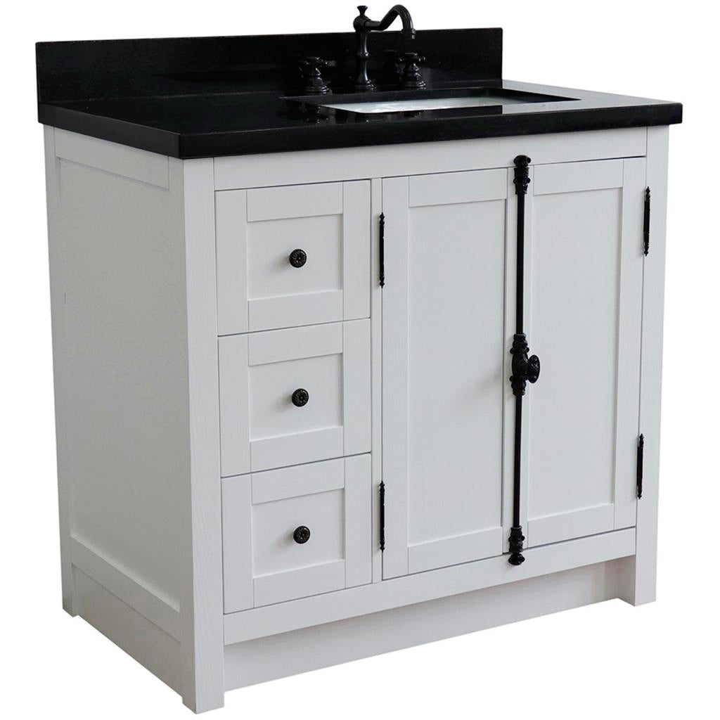 Bellaterra Plantation 37" Single Vanity, Glacier Ash, Black Galaxy Granite Top/Rectangle Sink, Right Doors/Right Sink