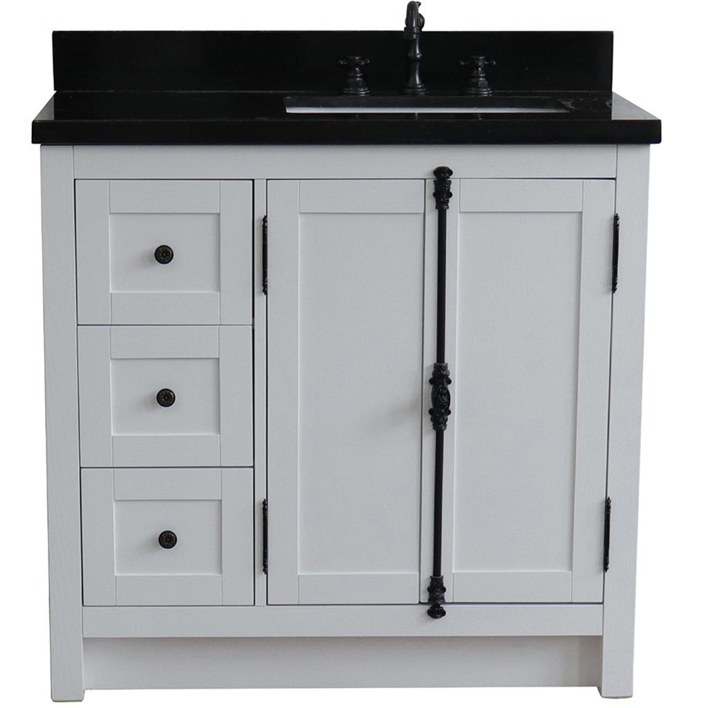 Bellaterra Plantation 37" Single Vanity, Glacier Ash, Black Galaxy Granite Top/Rectangle Sink, Right Doors/Right Sink