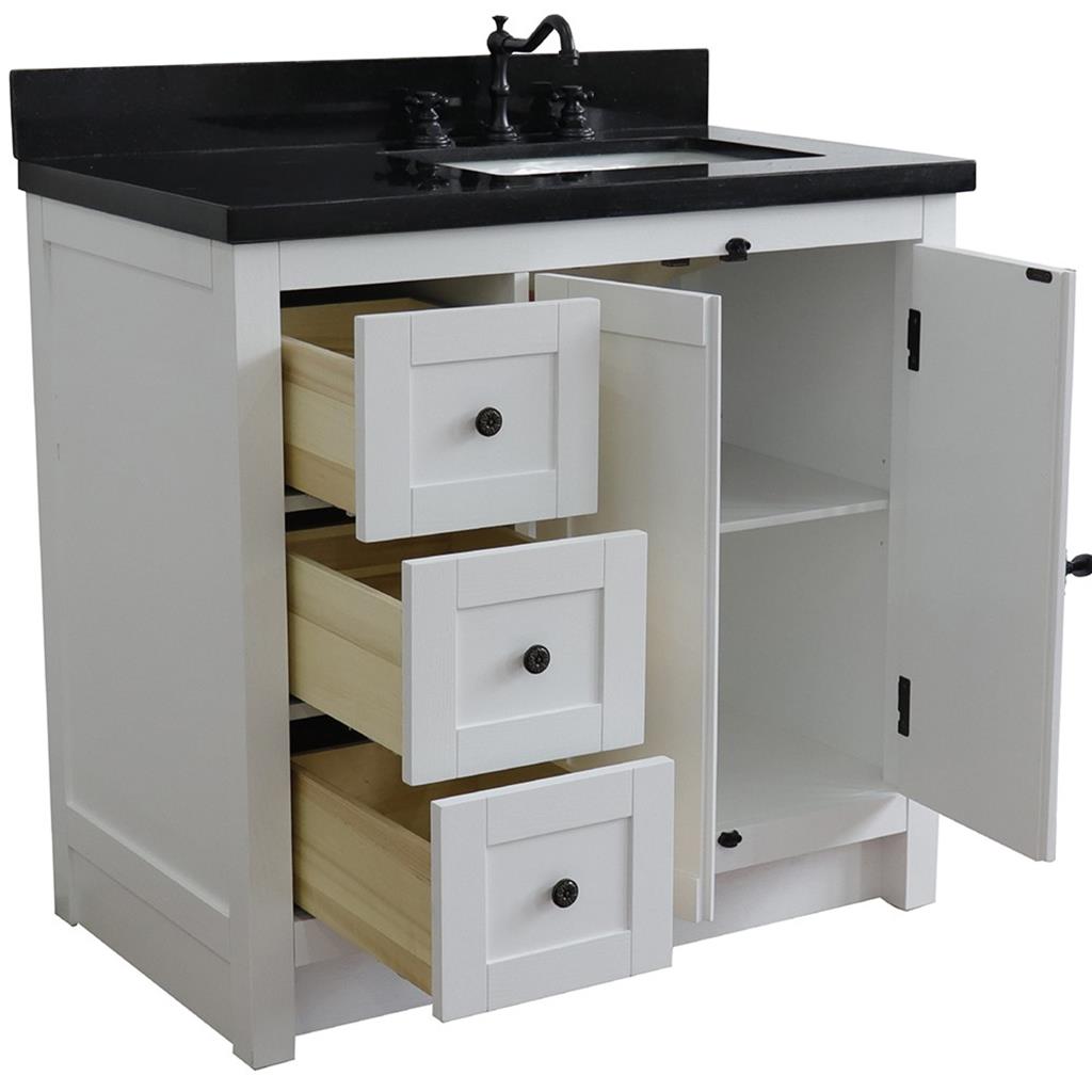 Bellaterra Plantation 37" Single Vanity, Glacier Ash, Black Galaxy Granite Top/Rectangle Sink, Right Doors/Right Sink