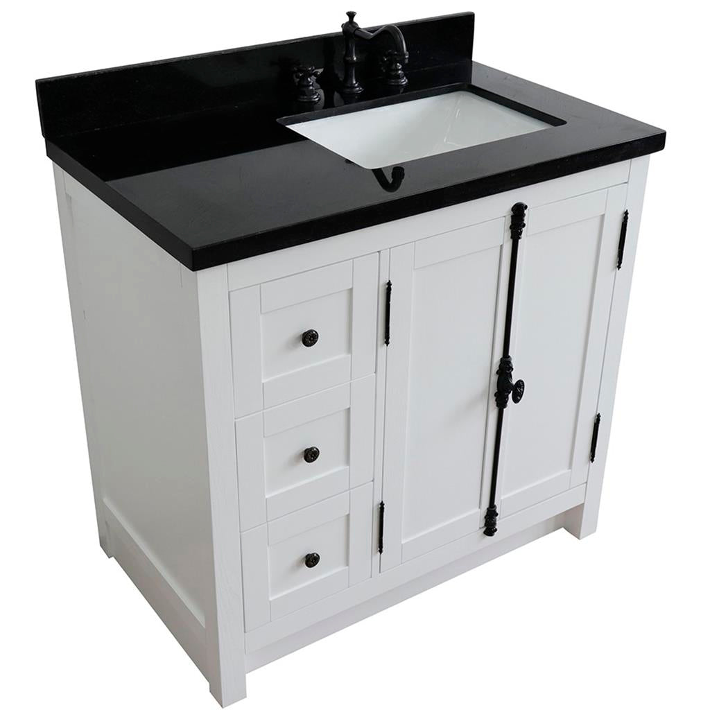 Bellaterra Plantation 37" Single Vanity, Glacier Ash, Black Galaxy Granite Top/Rectangle Sink, Right Doors/Right Sink