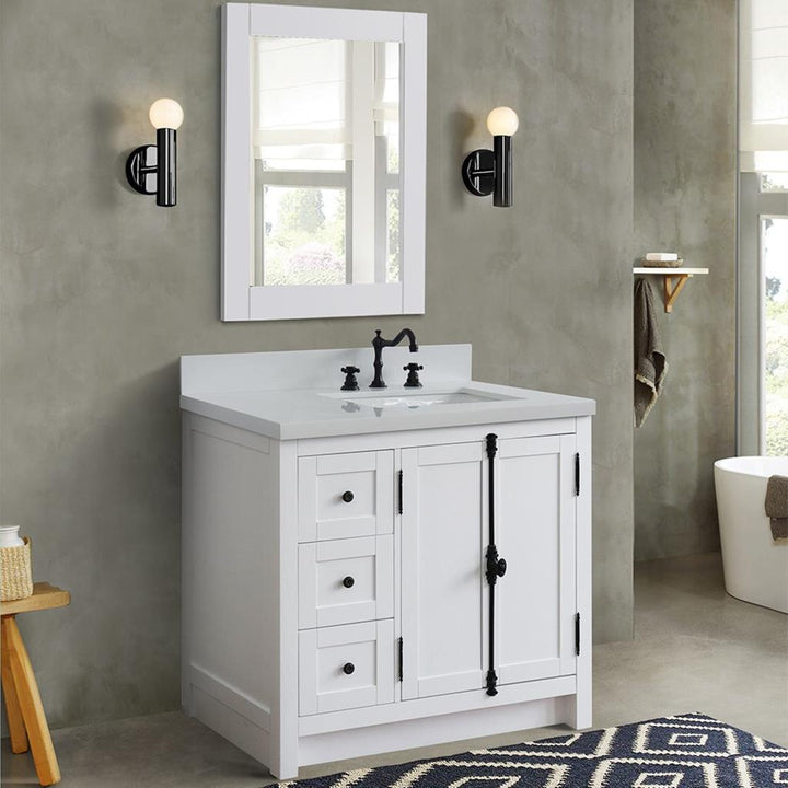 Bellaterra Plantation 37" Single Vanity, Glacier Ash, White Quartz Top/Rectangle Sink, Right Doors/Right Sink