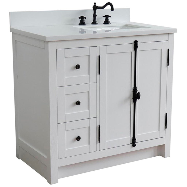 Bellaterra Plantation 37" Single Vanity, Glacier Ash, White Quartz Top/Rectangle Sink, Right Doors/Right Sink