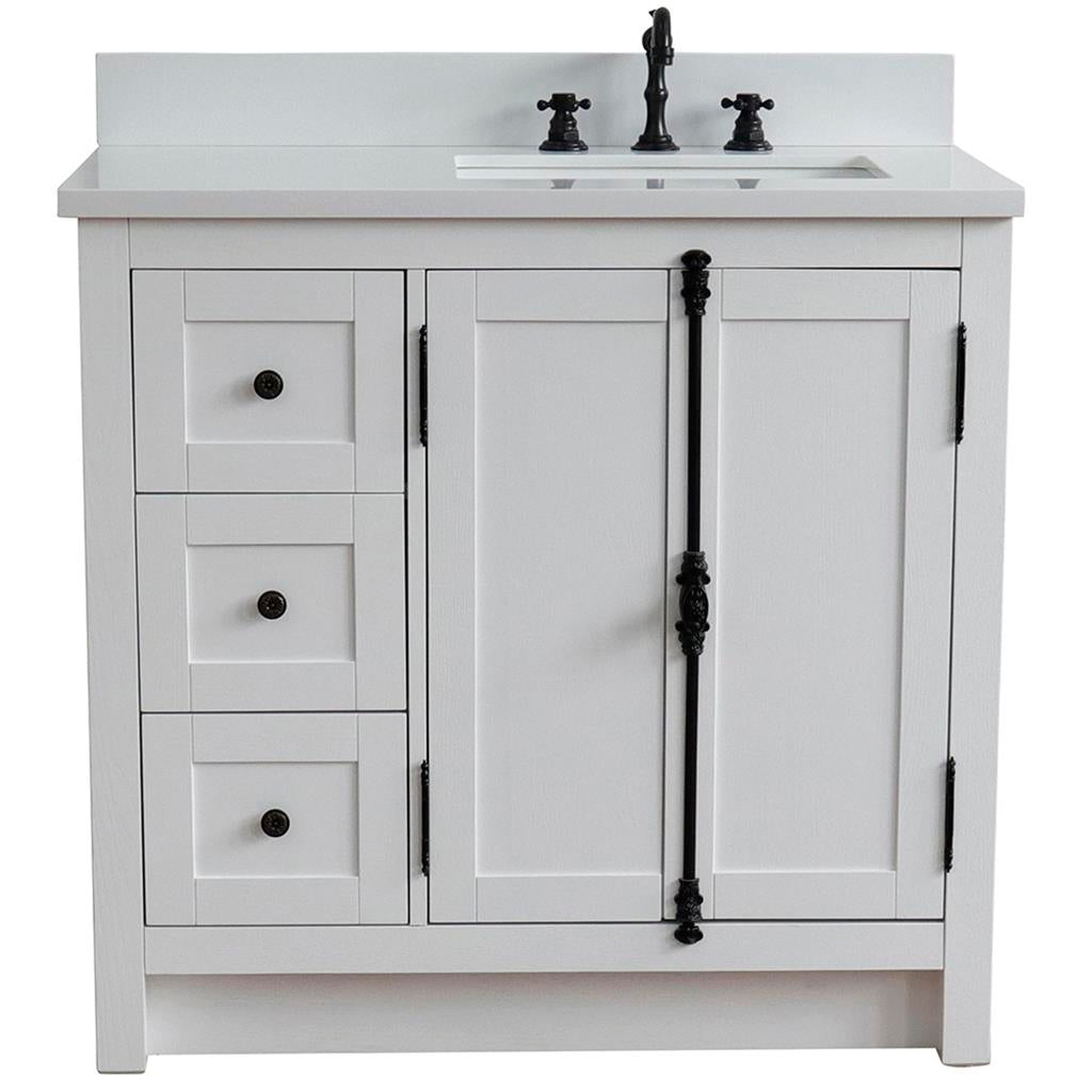 Bellaterra Plantation 37" Single Vanity, Glacier Ash, White Quartz Top/Rectangle Sink, Right Doors/Right Sink