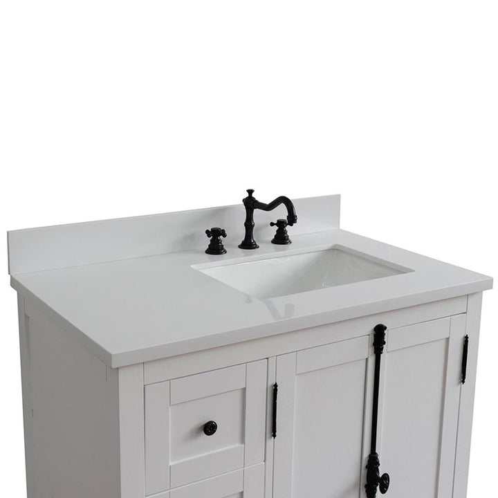 Bellaterra Plantation 37" Single Vanity, Glacier Ash, White Quartz Top/Rectangle Sink, Right Doors/Right Sink