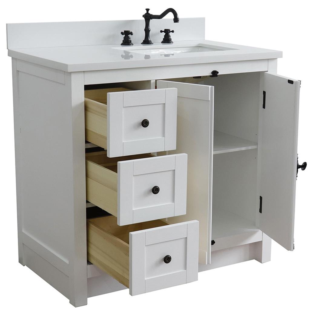 Bellaterra Plantation 37" Single Vanity, Glacier Ash, White Quartz Top/Rectangle Sink, Right Doors/Right Sink