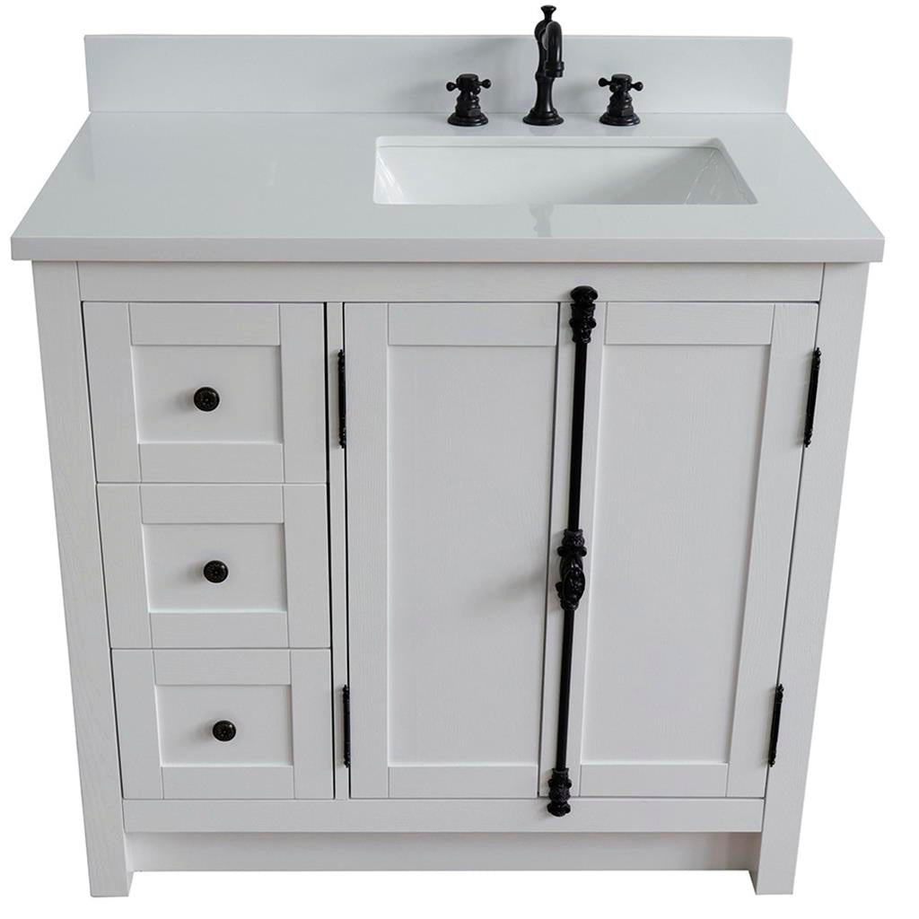 Bellaterra Plantation 37" Single Vanity, Glacier Ash, White Quartz Top/Rectangle Sink, Right Doors/Right Sink