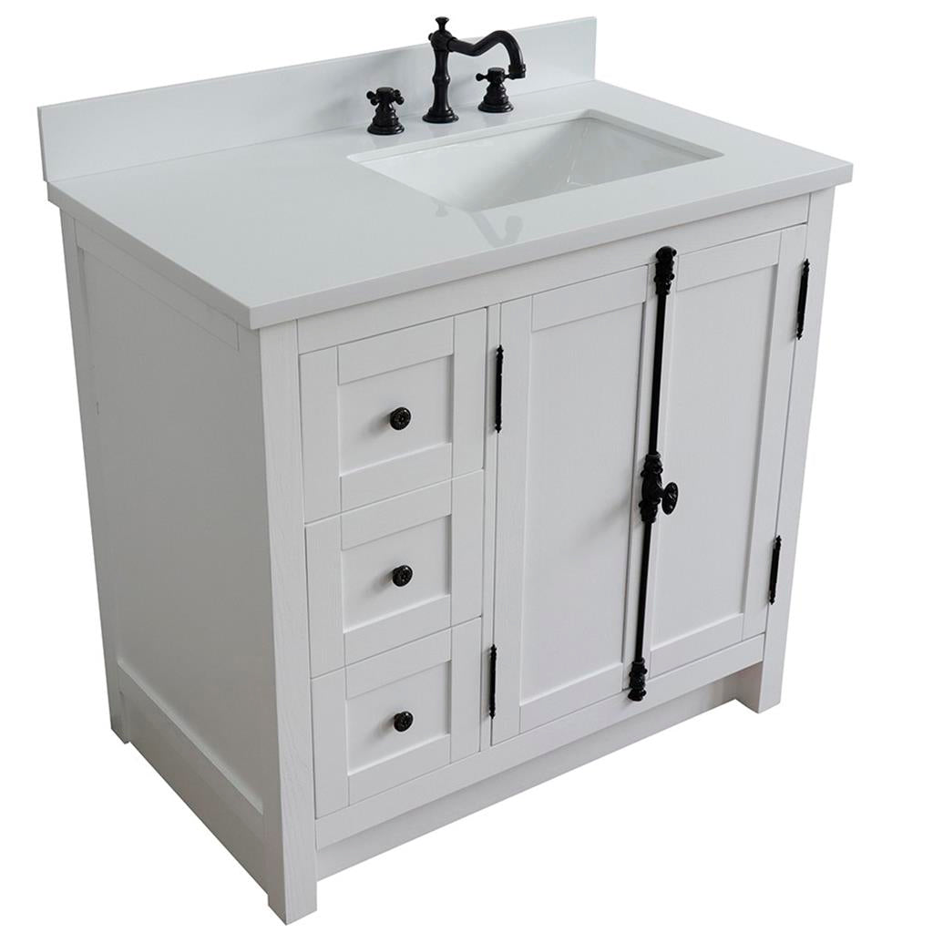 Bellaterra Plantation 37" Single Vanity, Glacier Ash, White Quartz Top/Rectangle Sink, Right Doors/Right Sink