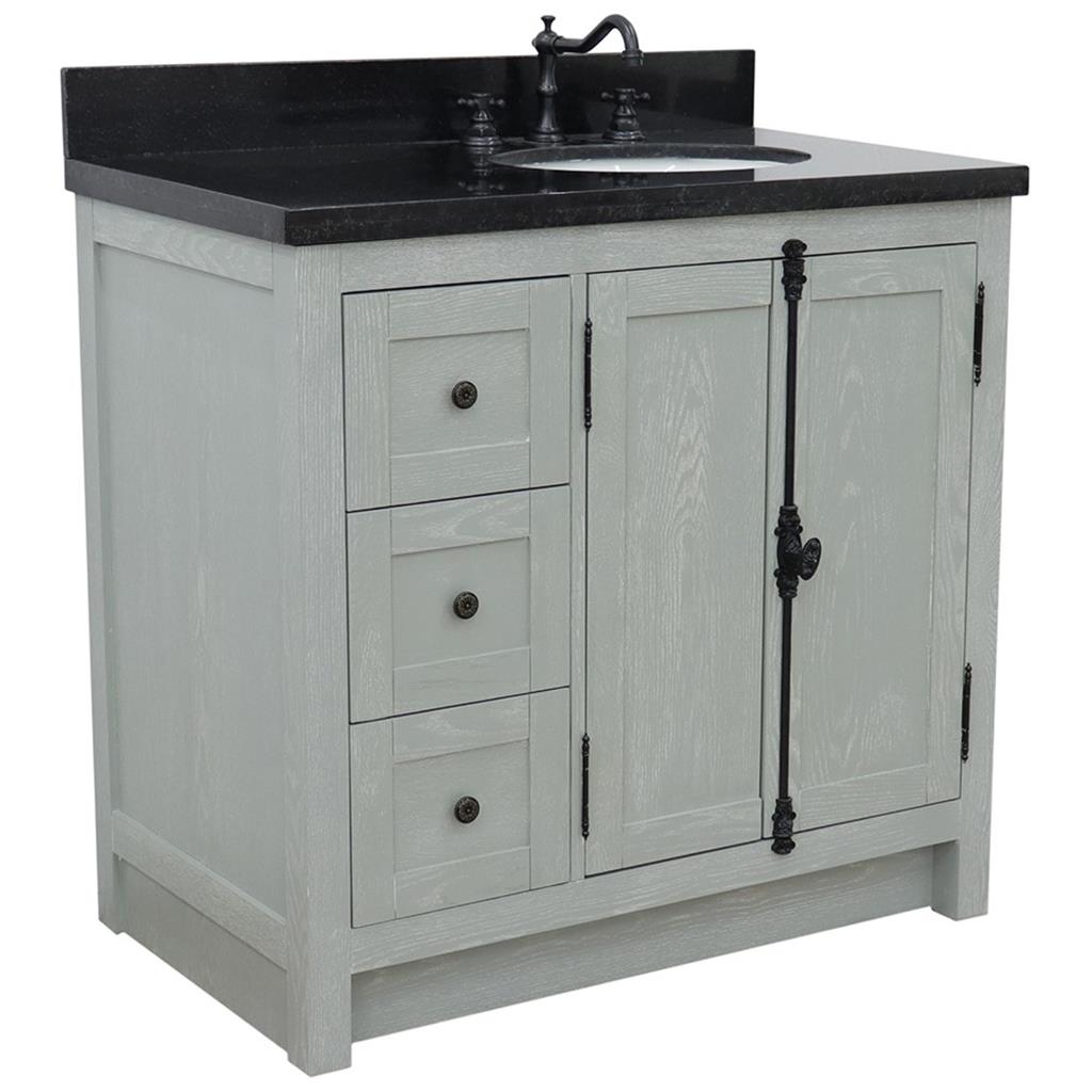 Bellaterra Plantation 37" Single Vanity, Gray Ash, Black Galaxy Granite Top/Oval Sink, Right Doors/Right Sink