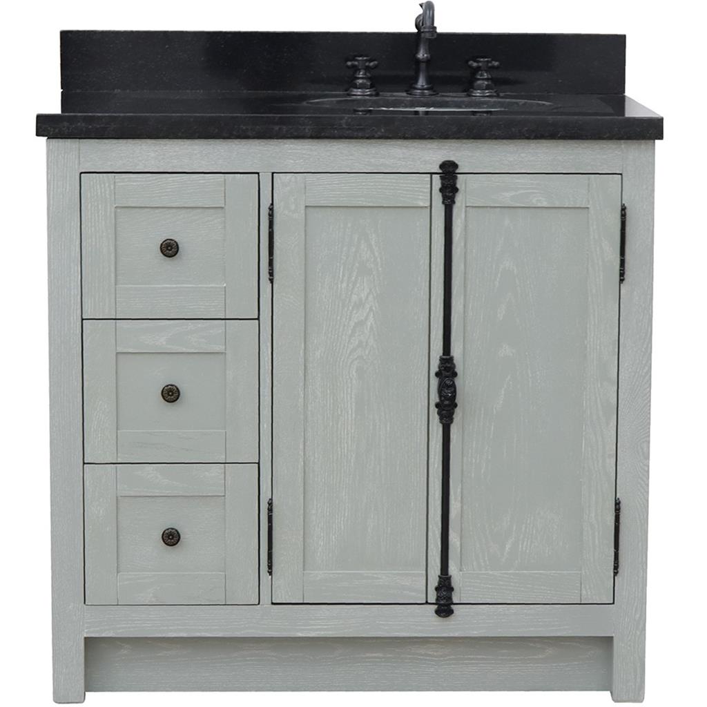 Bellaterra Plantation 37" Single Vanity, Gray Ash, Black Galaxy Granite Top/Oval Sink, Right Doors/Right Sink