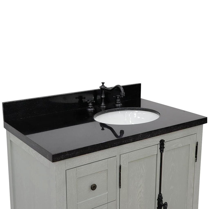 Bellaterra Plantation 37" Single Vanity, Gray Ash, Black Galaxy Granite Top/Oval Sink, Right Doors/Right Sink