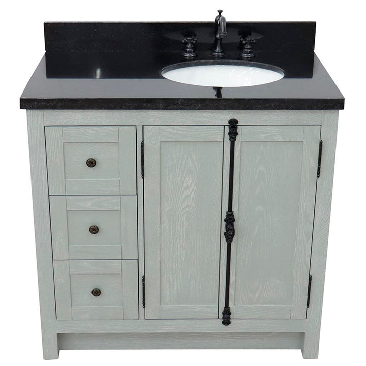 Bellaterra Plantation 37" Single Vanity, Gray Ash, Black Galaxy Granite Top/Oval Sink, Right Doors/Right Sink