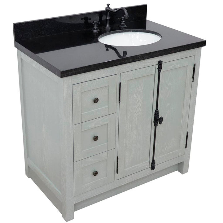 Bellaterra Plantation 37" Single Vanity, Gray Ash, Black Galaxy Granite Top/Oval Sink, Right Doors/Right Sink