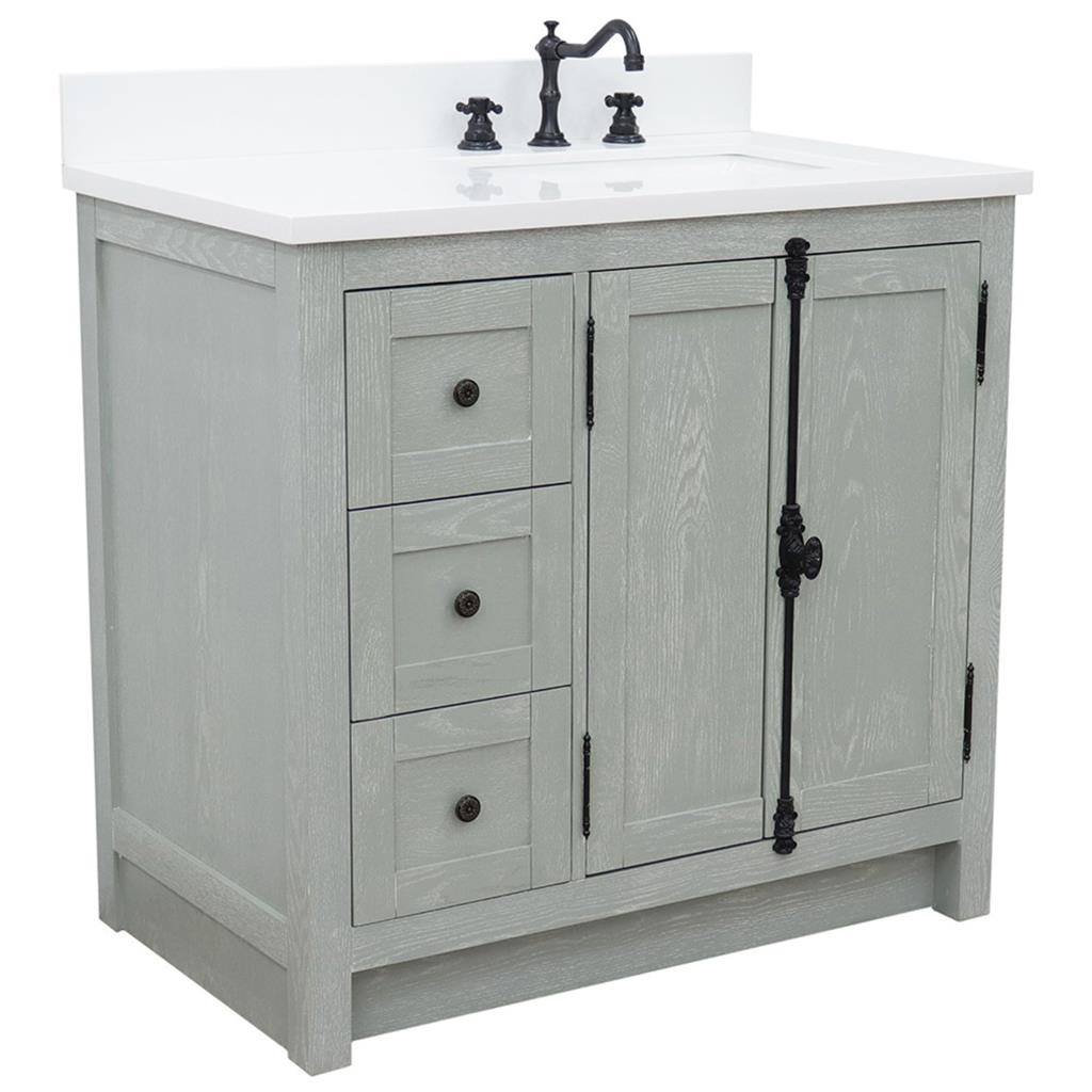 Bellaterra Plantation 37" Single Vanity, Gray Ash, White Quartz Top/Rectangle Sink, Right Doors/Right Sink