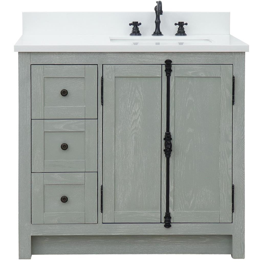 Bellaterra Plantation 37" Single Vanity, Gray Ash, White Quartz Top/Rectangle Sink, Right Doors/Right Sink