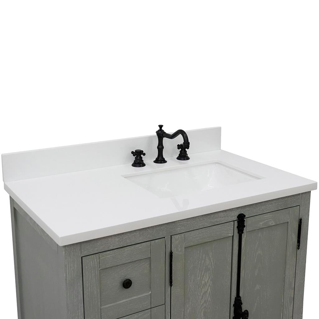 Bellaterra Plantation 37" Single Vanity, Gray Ash, White Quartz Top/Rectangle Sink, Right Doors/Right Sink