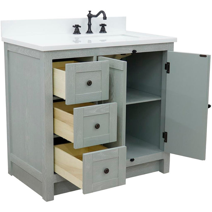 Bellaterra Plantation 37" Single Vanity, Gray Ash, White Quartz Top/Rectangle Sink, Right Doors/Right Sink