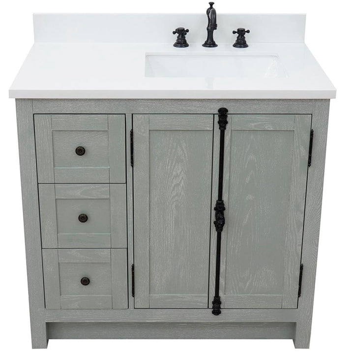 Bellaterra Plantation 37" Single Vanity, Gray Ash, White Quartz Top/Rectangle Sink, Right Doors/Right Sink