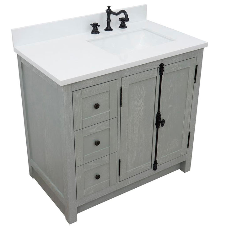 Bellaterra Plantation 37" Single Vanity, Gray Ash, White Quartz Top/Rectangle Sink, Right Doors/Right Sink