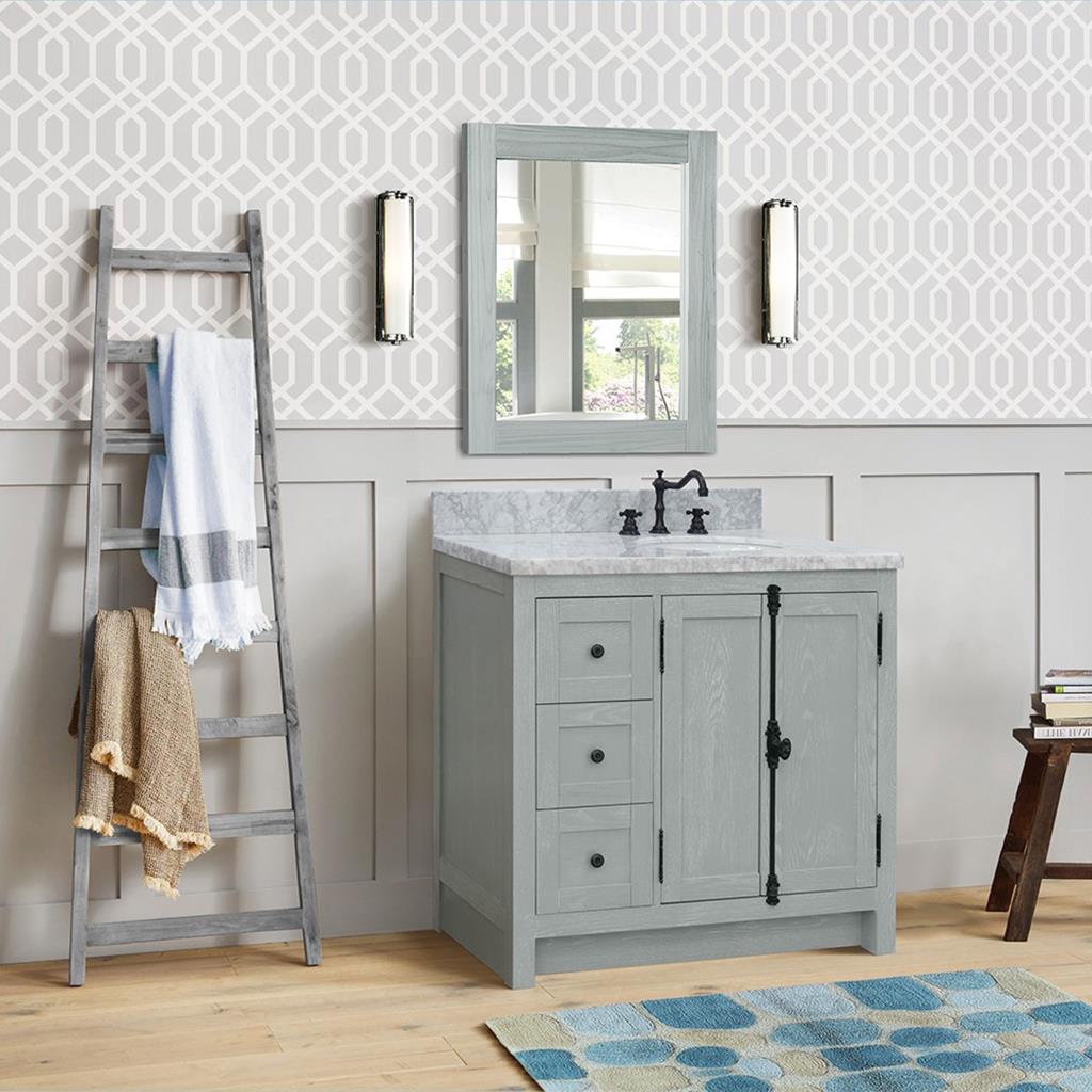 Bellaterra Plantation 37" Single Vanity, Gray Ash, White Carrara Top/Oval Sink, Right Doors/Right Sink