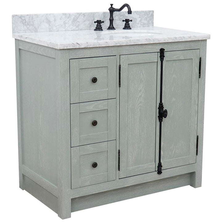 Bellaterra Plantation 37" Single Vanity, Gray Ash, White Carrara Top/Oval Sink, Right Doors/Right Sink