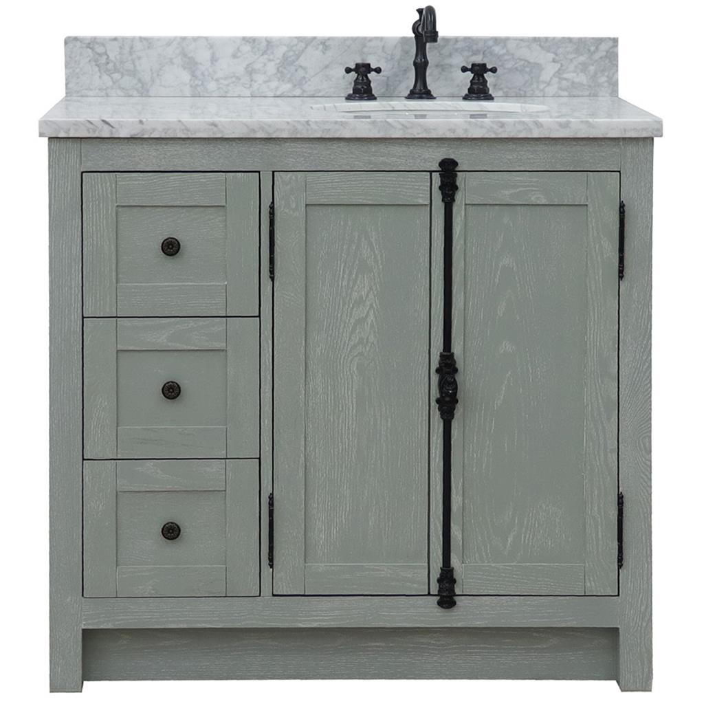 Bellaterra Plantation 37" Single Vanity, Gray Ash, White Carrara Top/Oval Sink, Right Doors/Right Sink