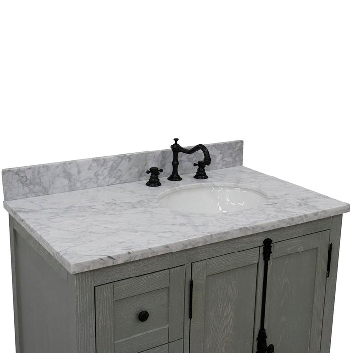 Bellaterra Plantation 37" Single Vanity, Gray Ash, White Carrara Top/Oval Sink, Right Doors/Right Sink