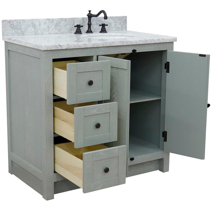 Bellaterra Plantation 37" Single Vanity, Gray Ash, White Carrara Top/Oval Sink, Right Doors/Right Sink