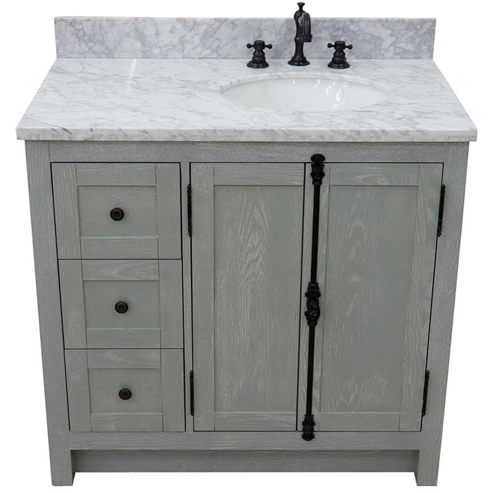 Bellaterra Plantation 37" Single Vanity, Gray Ash, White Carrara Top/Oval Sink, Right Doors/Right Sink