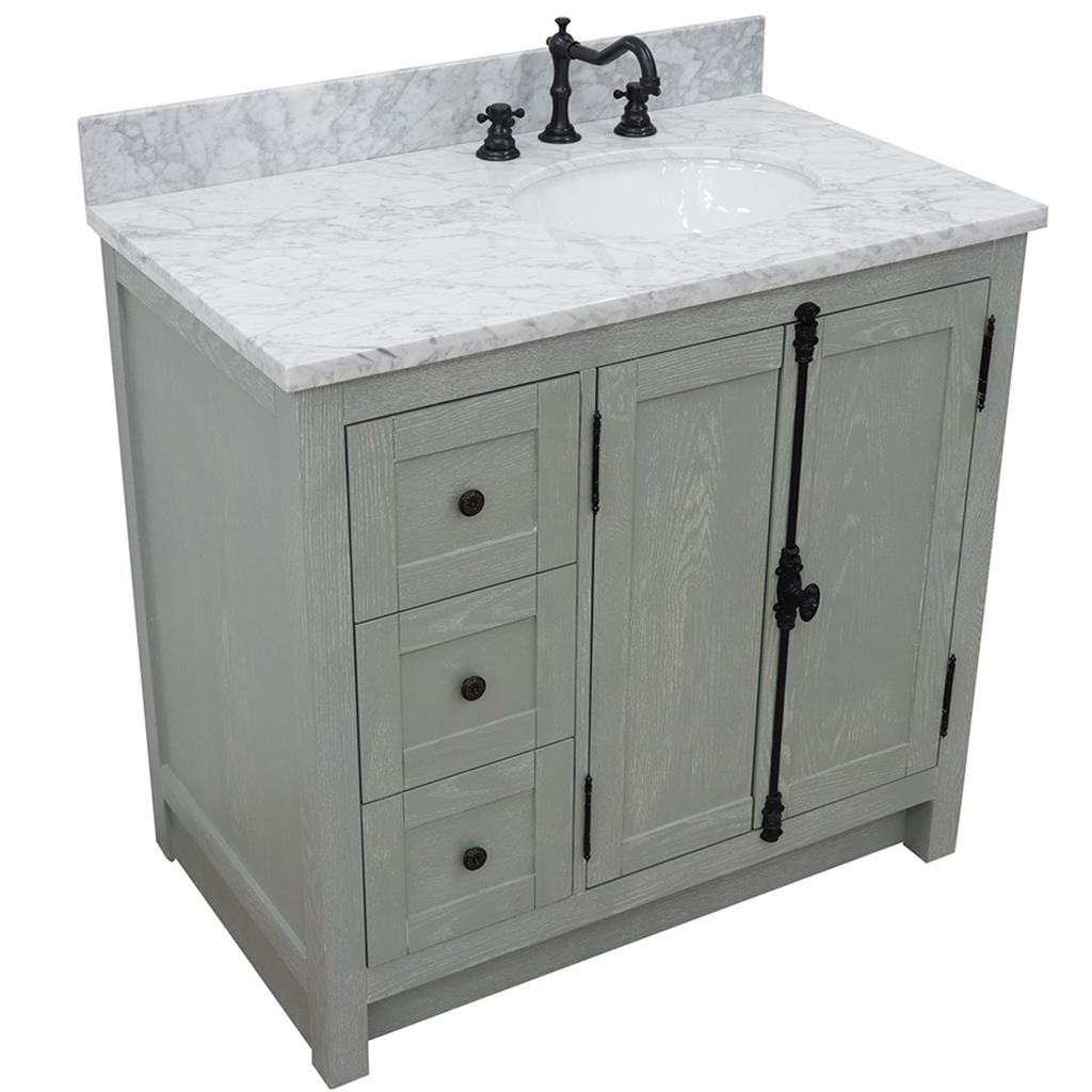 Bellaterra Plantation 37" Single Vanity, Gray Ash, White Carrara Top/Oval Sink, Right Doors/Right Sink