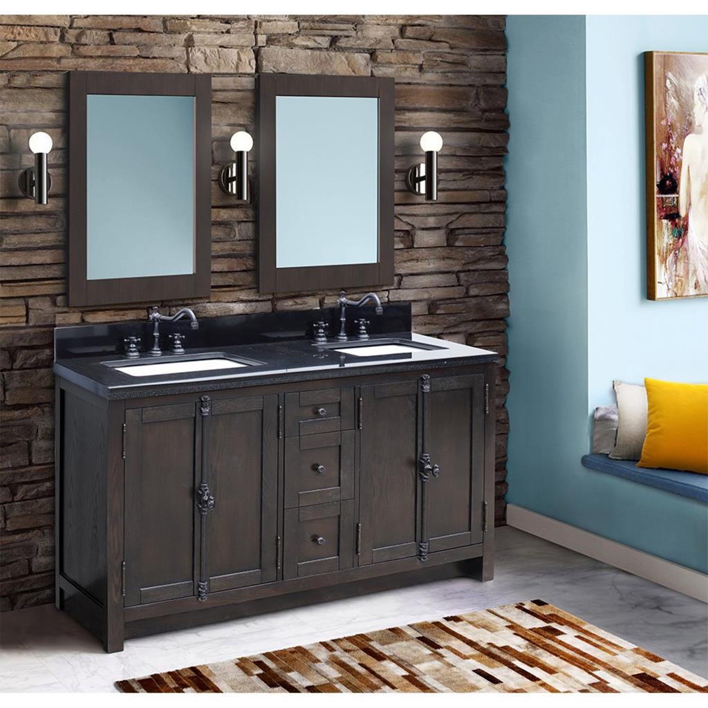 Bellaterra Plantation 55" Double Vanity, Brown Ash, Black Galaxy Granite Top/Rectangle Sink