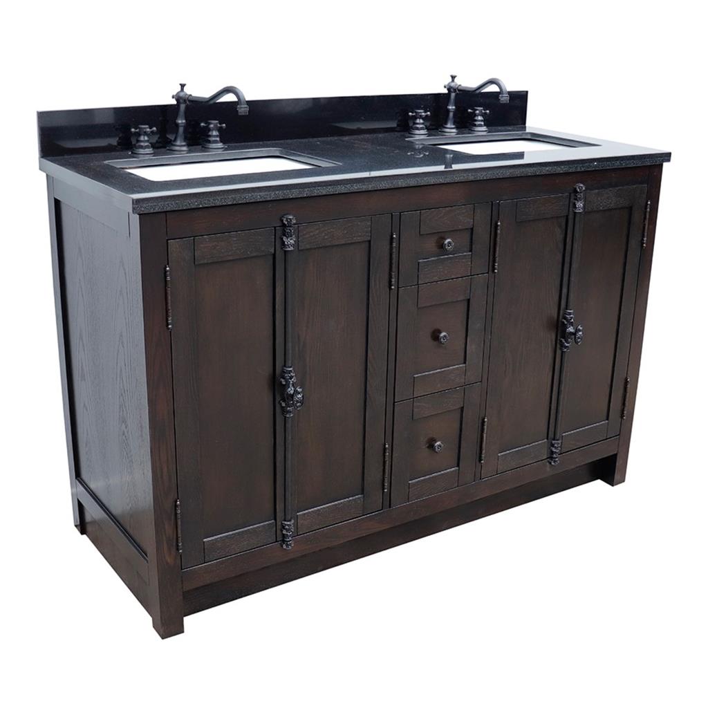 Bellaterra Plantation 55" Double Vanity, Brown Ash, Black Galaxy Granite Top/Rectangle Sink