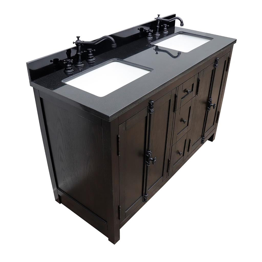 Bellaterra Plantation 55" Double Vanity, Brown Ash, Black Galaxy Granite Top/Rectangle Sink