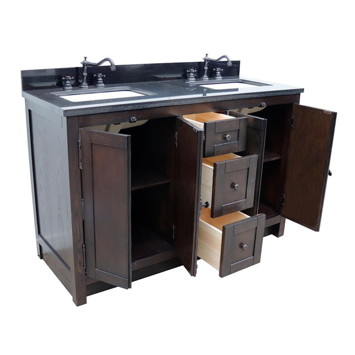 Bellaterra Plantation 55" Double Vanity, Brown Ash, Black Galaxy Granite Top/Rectangle Sink