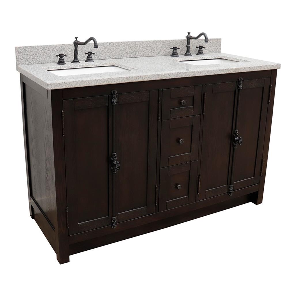 Bellaterra Plantation 55" Double Vanity, Brown Ash, Gray Granite Top/Rectangle Sink