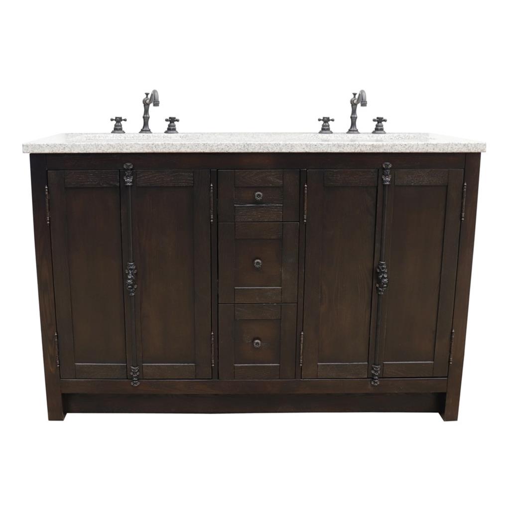 Bellaterra Plantation 55" Double Vanity, Brown Ash, Gray Granite Top/Rectangle Sink