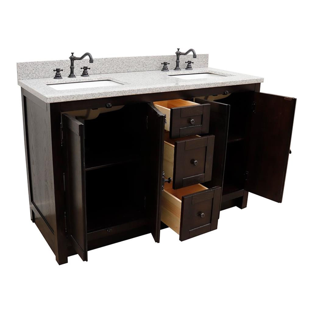 Bellaterra Plantation 55" Double Vanity, Brown Ash, Gray Granite Top/Rectangle Sink