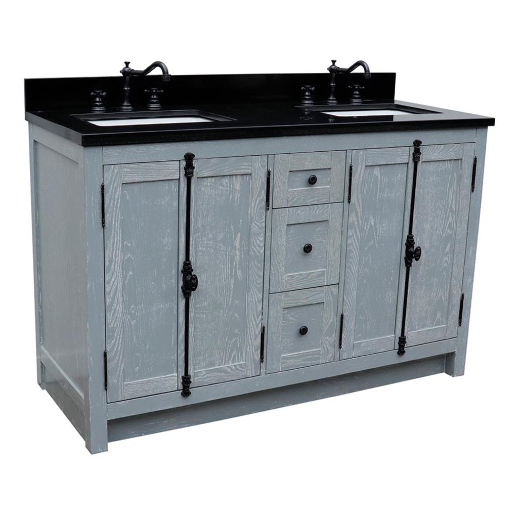 Bellaterra Plantation 55" Double Vanity, Gray Ash, Black Galaxy Granite Top/Rectangle Sink