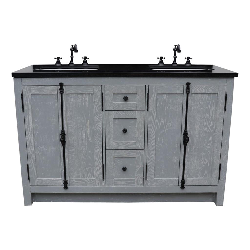 Bellaterra Plantation 55" Double Vanity, Gray Ash, Black Galaxy Granite Top/Rectangle Sink