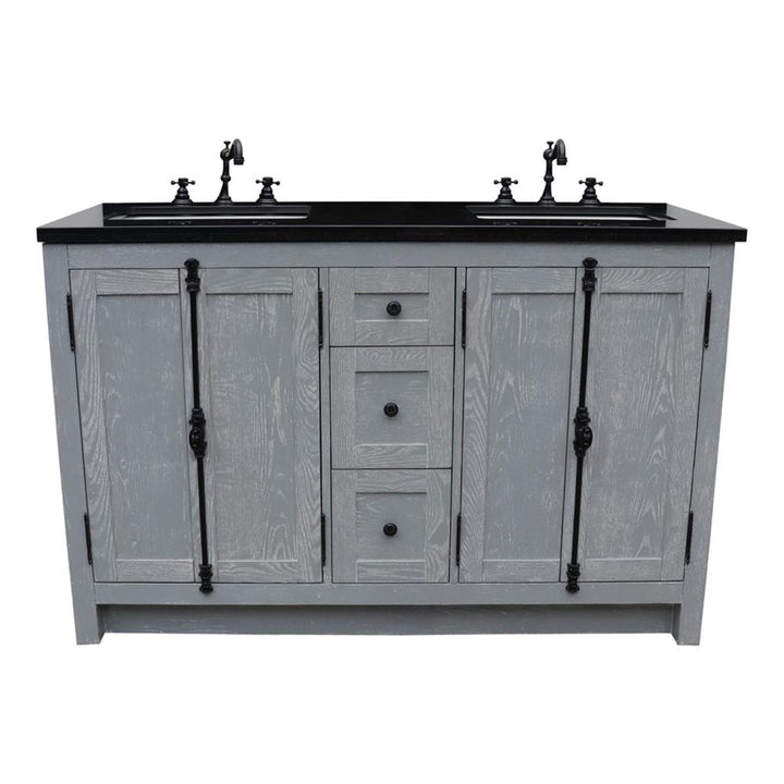 Bellaterra Plantation 55" Double Vanity, Gray Ash, Black Galaxy Granite Top/Rectangle Sink