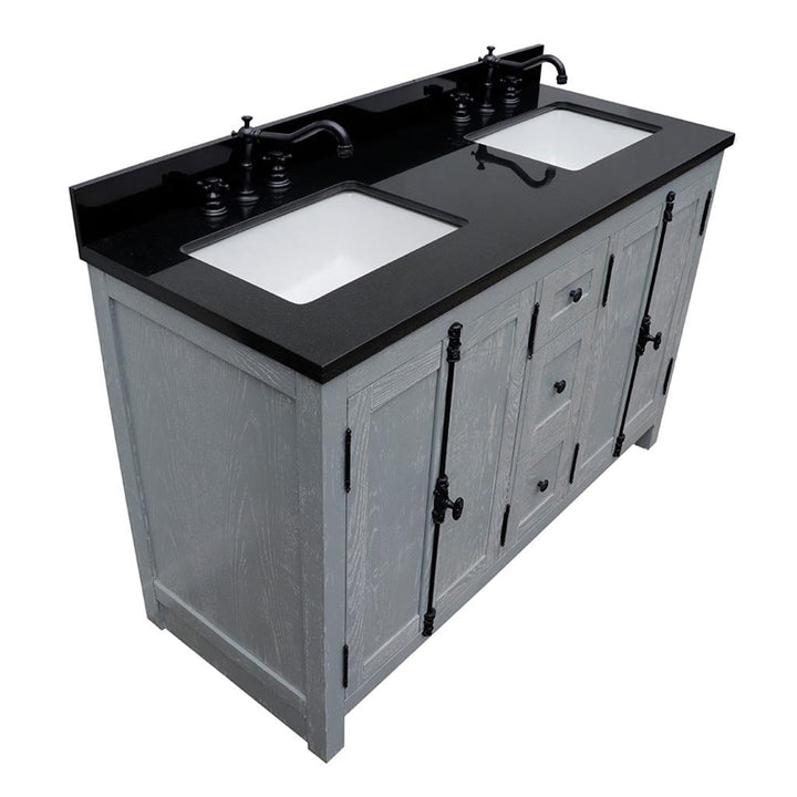 Bellaterra Plantation 55" Double Vanity, Gray Ash, Black Galaxy Granite Top/Rectangle Sink