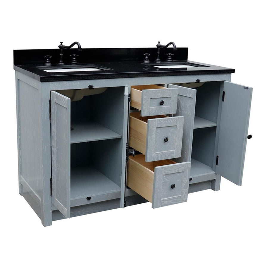 Bellaterra Plantation 55" Double Vanity, Gray Ash, Black Galaxy Granite Top/Rectangle Sink