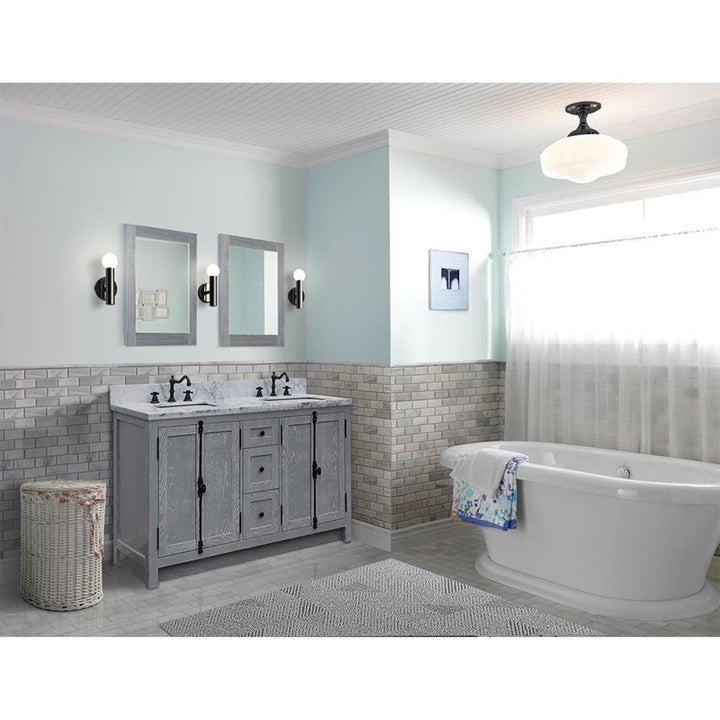 Bellaterra Plantation 55" Double Vanity, Gray Ash, White Carrara Marble Top/Rectangle Sink